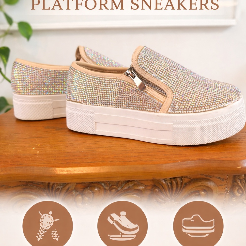 Crystal Embellished Slip-On Platform Sneakers - Beige